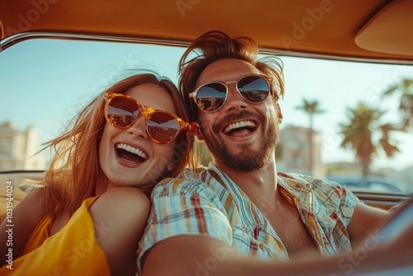 Fototapeta Excited playful European couple in sunglasses driving luxury car, enjoying music, singing and smiling, spouses going on vacation, windshield view, Generative AI
