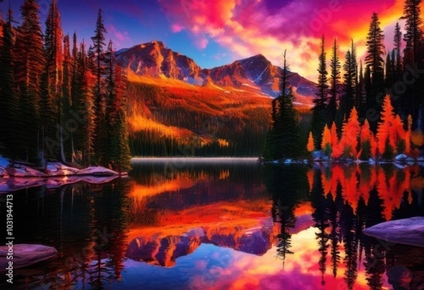 Obraz vibrant colorful sunset over serene mountain landscape rich cloud patterns clear blue sky reflections, colors, clouds, nature, horizon, scenery, evening