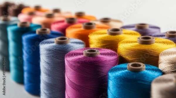 Fototapeta Spools of vibrant sewing threads stand isolated against a pristine white background. These threads, the lifeblood of clothing factories, are meticulously wound onto spools, ready to bring color