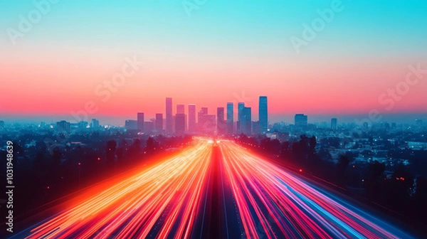 Fototapeta A stunning sunset view of a city skyline, with vibrant light trails from moving vehicles against a colorful sky.