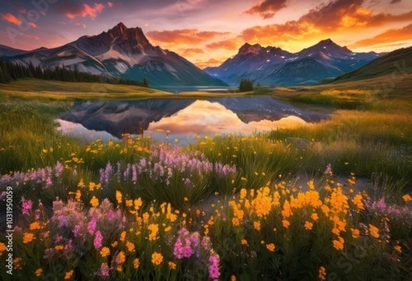 Fototapeta majestic mountain ranges captured under radiant sunrise skies emitting warm hues scenic landscape, ascent, adventure, camping, color, daylight, discovery