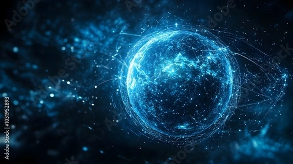 Fototapeta Luminous Quantum Entangled Sphere Linking Distant Planetary Systems in a Futuristic Digital Space