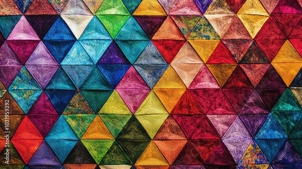 Fototapeta A visually striking pattern of equilateral triangles with rainbow-colored threads as sides, layered and repeated to cover the entire background