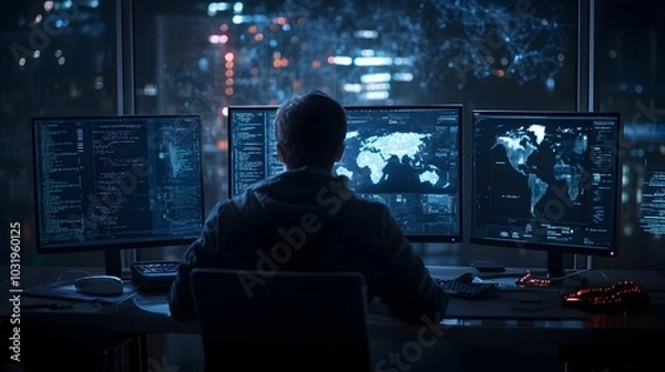 Fototapeta Cybersecurity Specialist Analyzing Digital Data and Information on Multiple Screens