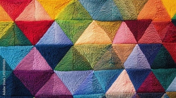 Fototapeta A geometric design with equilateral triangles made of rainbow-colored thread, layered and repeated to fill the entire background with color