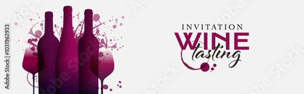 Obraz Horizontal banner template with silhouette drawing of wine glasses and bottles. Vector illustration