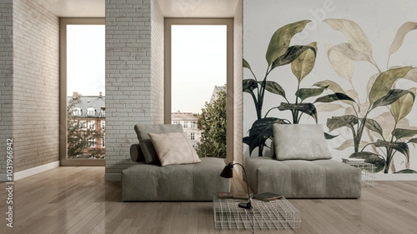 Fototapeta Large luxury modern Relaxing and Comfortable bright interiors Living room mockup illustration 3D rendering image