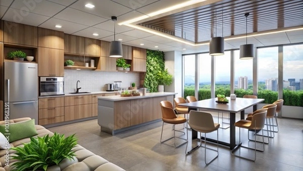 Fototapeta Modern Office Break Room with Kitchenette and Stylish Seating for Relaxation and Collaboration in a Chic Workspace Environment