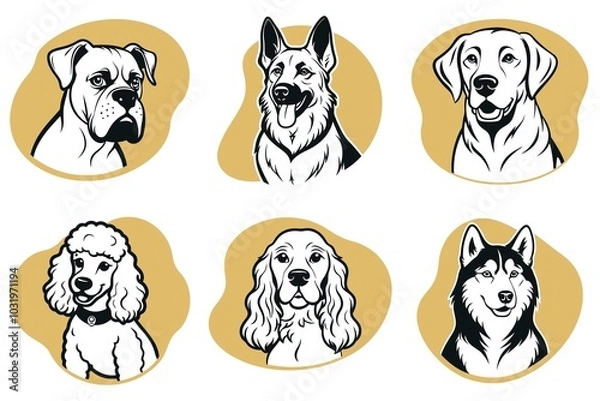 Obraz A set of dog illustrations with a variety of breeds including a poodle