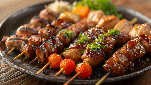 Fototapeta A plate of assorted yakitori skewers with chicken and vegetables