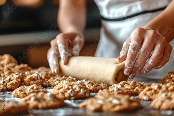 Fototapeta A person rolling dough for cookies, surrounded by freshly baked cookies on a countertop.