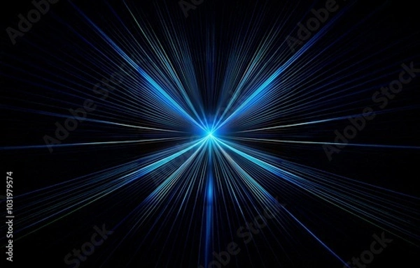 Fototapeta Blue lines converge into a radiant point in the center of a black background.