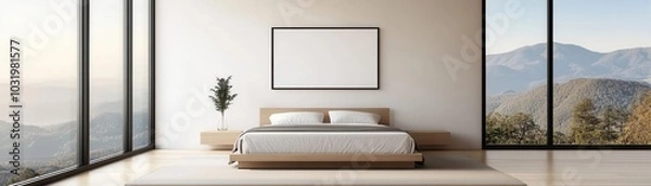 Fototapeta Minimalist bedroom with floor-to-ceiling windows and a simple bed, mock-up for wall art or decor, serene and spacious design