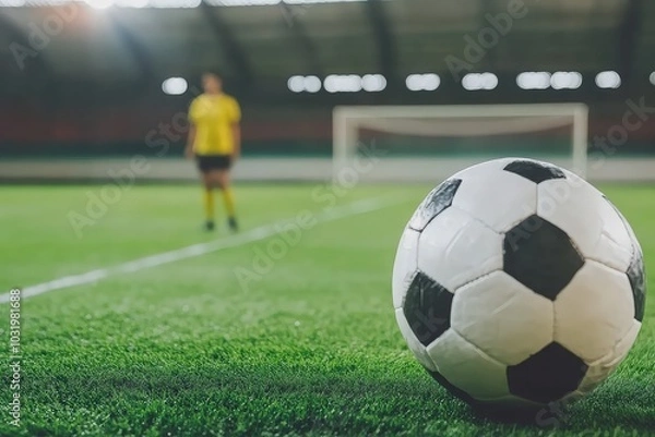 Fototapeta Soccer ball on field in stadium
