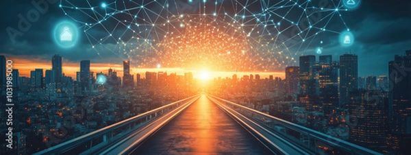 Fototapeta A Journey to the Future: Long Pathway Leading Toward a Bright Horizon and Symbolizing the Development of the Leading AI Community with Urban Elements