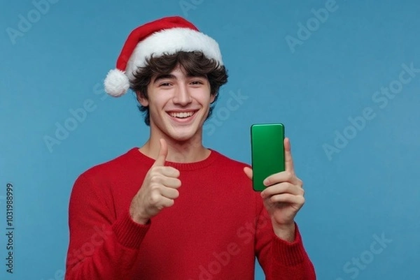 Fototapeta Young caucasian man wearing christmas hat standing over isolated blue background pointing thumb at green screen phone, Generative AI