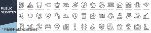 Fototapeta Set of 45 outline icons related to public services. Linear icon collection. Editable stroke. Vector illustration