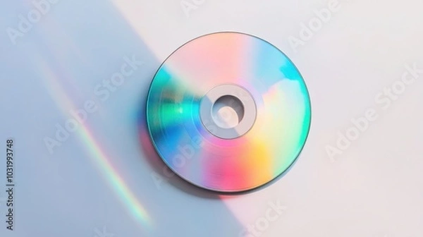 Fototapeta  single CD disc on a white background, with rainbow-colored reflections shimmering across