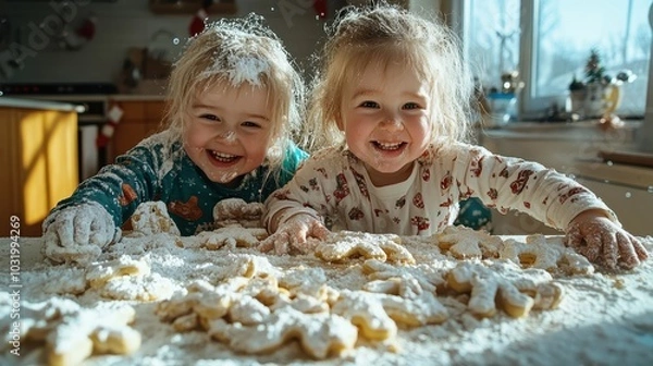 Fototapeta Two young children revel in the joy and mess of baking cookies in a kitchen full of flour, embodying the spirit of fun and togetherness.
