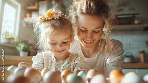 Fototapeta A heartfelt scene of a mother and daughter, delighting in kitchen activities with multicolored eggs and smiling warmly, symbolizing joy, love, and shared moments.