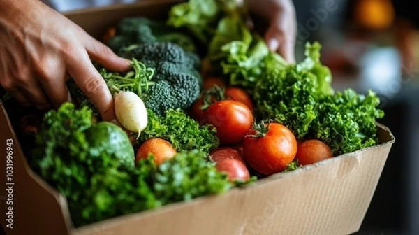Fototapeta Close-up of hands placing fresh tomatoes, broccoli, and other veggies in a cardboard box, showcasing the diversity and abundance of fresh produce available.