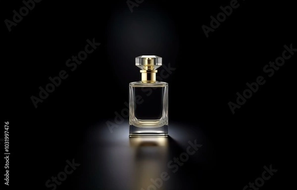Fototapeta A clear glass bottle with a gold cap containing liquid stands on a black surface.