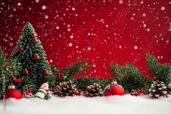Fototapeta Red background with Christmas tree, pine cones, snow and toys. Merry Christmas card. Winter holiday theme. Happy New Year. Place for text, Generative AI
