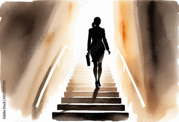 Obraz Watercolor drawing, silhouette of a woman climbing up the stairs symbol of the path to success, the realization of plans