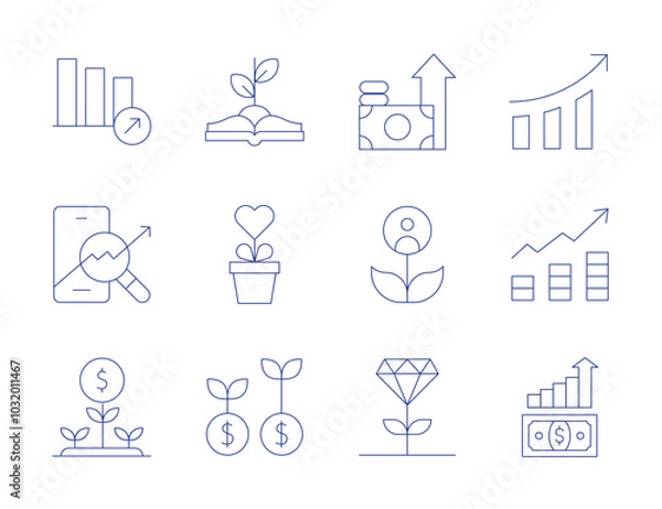 Fototapeta Growth icons. Thin Line style, editable stroke. growth graph, investment, money growth, statistics, sustainable, trading, growth, benefits, development, excellence