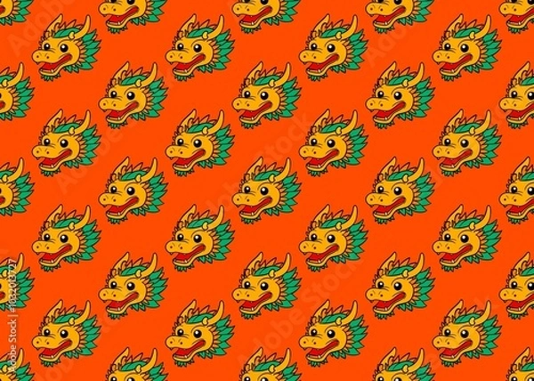 Fototapeta Seamless pattern with funny monsters. Chinese new year. Seamless pattern with dragons on an orange background. Happy new year. Traditional Chinese character. Asian mythological dragons. 