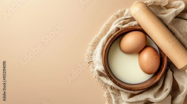 Fototapeta A rustic bowl contains two eggs and milk, surrounded by a soft cloth and a rolling pin, set against a warm beige backdrop.