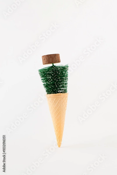 Fototapeta Ice cream cone with Christmas tree on a white background. Minimal Christmas holiday food concept.