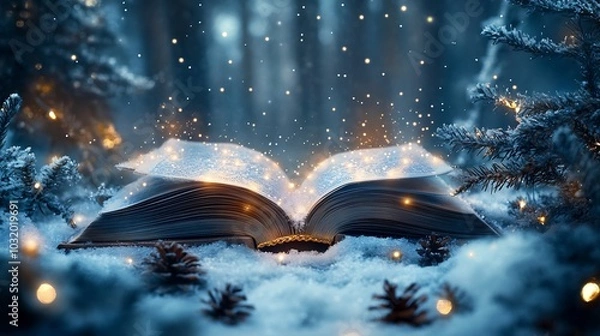Fototapeta Magical open book with glowing pages surrounded by a snowy forest Soft twinkling lights fill the air creating a Christmas fairytale scene perfect for winter holiday storytelling
