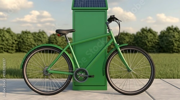 Fototapeta A green bicycle is parked beside a recycling bin in a grassy area, set against a clear blue sky and trees.