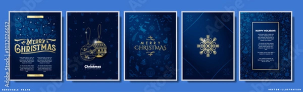 Fototapeta Blue and Gold Patterned Christmas Poster Designs for greeting cards and layouts with copy space. Gold Merry Christmas Typography and golden ornaments. Soft blue winter holiday pattern design. Vector.
