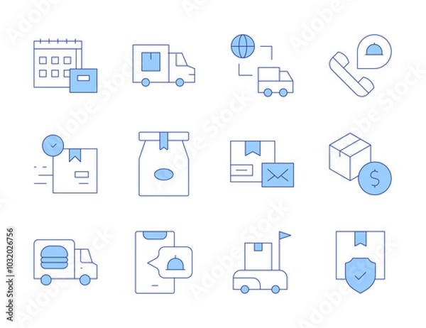 Fototapeta Delivery icons. Line Duotone style, editable stroke. product, protection, order food, shipment, paper bag, delivery truck, delivery box, delivery day