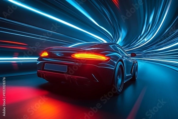 Fototapeta  Sports Car Driving at on a Road on High Speed, Racing Through the Colorful Dark Tunnel With Lights Reflecting Everywhere. Dark Supercar Driving Fast on Highway.