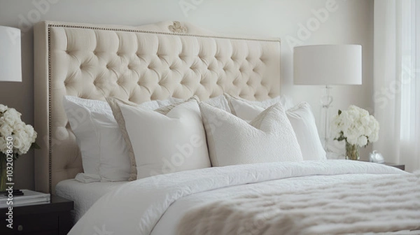 Fototapeta Bed with soft fluffy pillows at home, Bedroom interior, bed with pillows and blanket, lamp is on the bedside table, High-Resolution King-size Bed with Bedding
