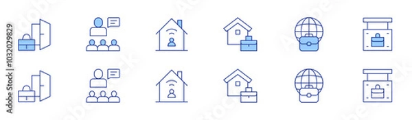 Fototapeta Work icon set in two styles, Duotone and Thin Line style. Editable stroke. working at home, worldwide, work, dismiss, boss, work from home