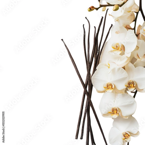 Fototapeta Fresh aroma orchid vanilla with sticks  isolated on transparent background Generative AI	
