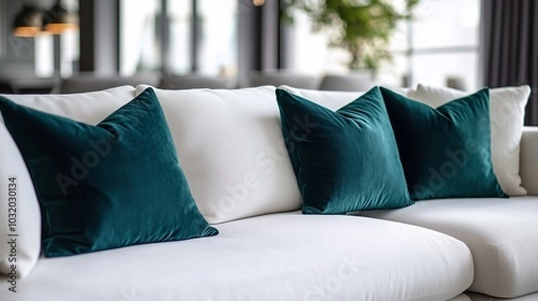 Obraz Close-up of a white sofa with dark green throw pillows in a modern living room