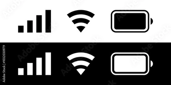 Obraz iPhone ios notification bar wifi signal battery user interface icons. Black white icon set of phone ui vector illustration