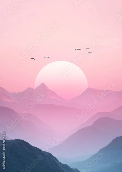 Fototapeta Serene sunset over layered mountains with gentle hues and flying birds in a tranquil evening sky