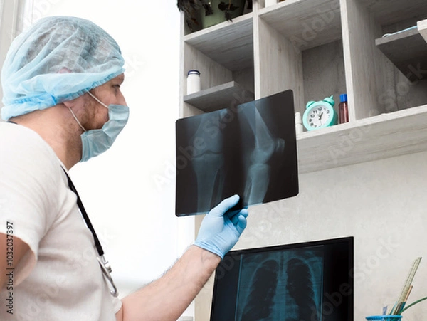 Obraz Doctor radiographer, with a stethoscope, in a medical uniform in a clinic, a traumatologist analyzes a broken leg. X-ray of the knee. Ultrasound. Injury of the leg in the knee joint. Osteoporosis