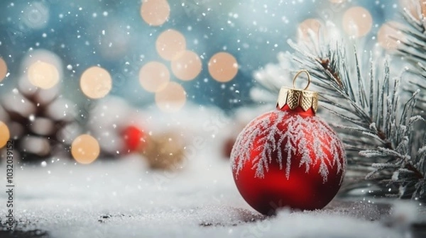 Fototapeta Close-Up of Red Christmas Tree with Snow and Sparkling Ornaments