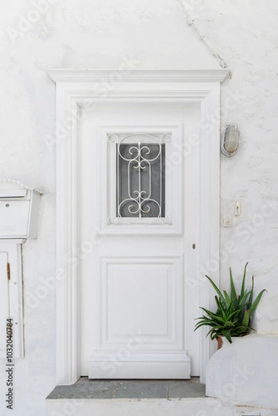 Obraz The entrance features a beautifully crafted white door with decorative wrought iron, surrounded by whitewashed walls and a potted plant, typical of Hydra's architecture.