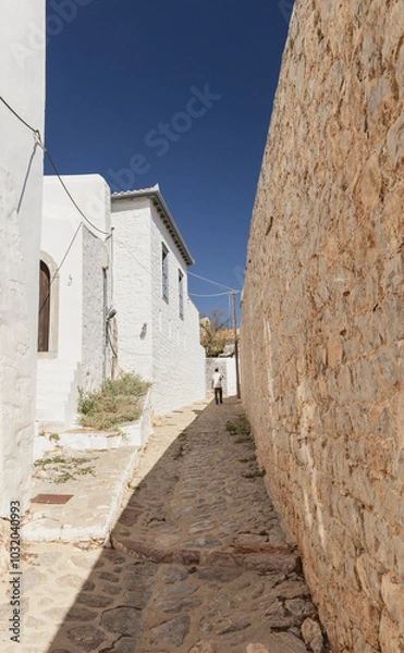 Obraz A picturesque alleyway on the Greek island of Hydra, flanked by traditional whitewashed houses. A solitary figure walks along the cobblestone path, enjoying the serene atmosphere.