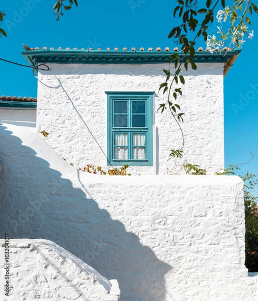 Obraz A charming traditional house in Hydra features striking white walls and a blue window, reflecting local architectural style under bright skies, surrounded by greenery.