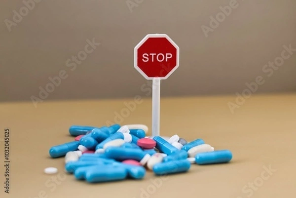 Obraz Drug addiction; stop taking so many medications; stack of multi-colored pills with a stop sign