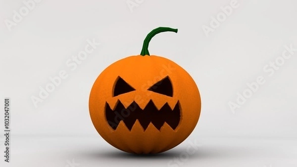 Fototapeta A spooky Halloween pumpkin with a carved, jagged mouth and triangle-shaped eyes, set against a plain background. The pumpkin has a green stem and a menacing expression, perfect for Halloween themes.